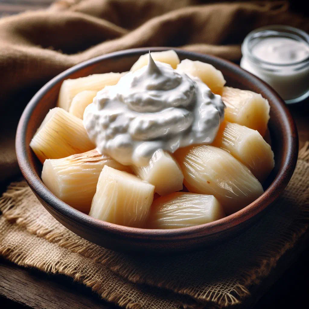 Boiled cassava pieces topped with coconut cream and fresh coconut shavings