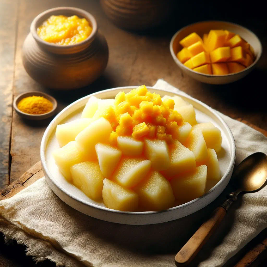 Boiled cassava chunks served with fresh mango chutney