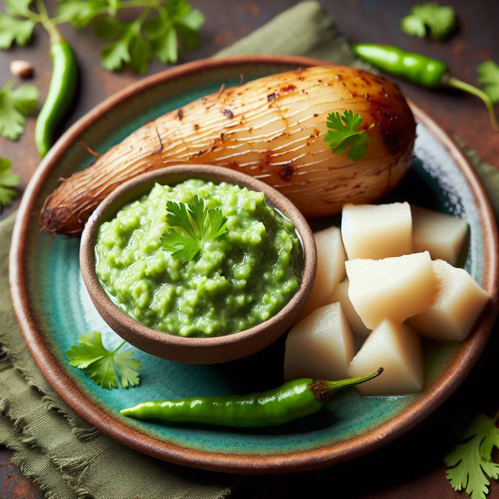 Boiled dalo served with a bowl of fresh coconut chutney