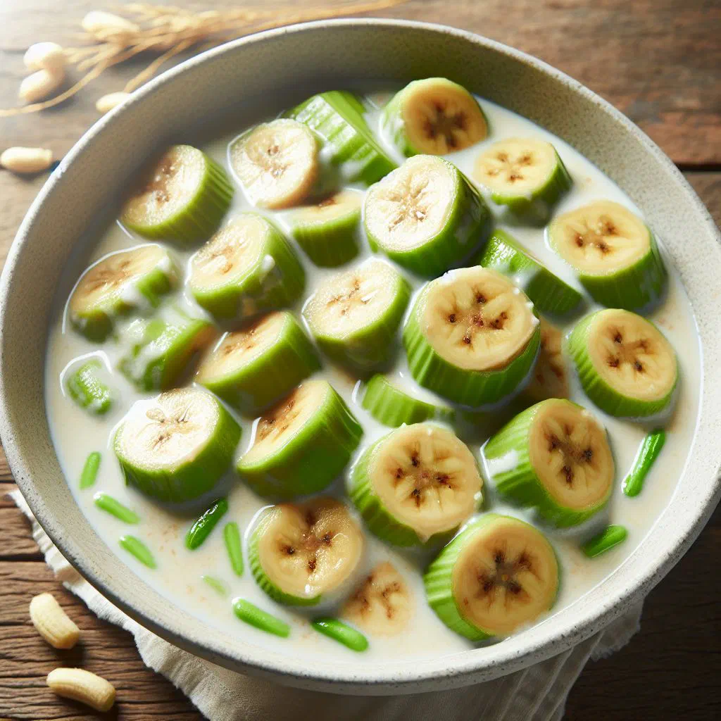 Boiled green bananas in creamy coconut milk garnished with fresh herbs