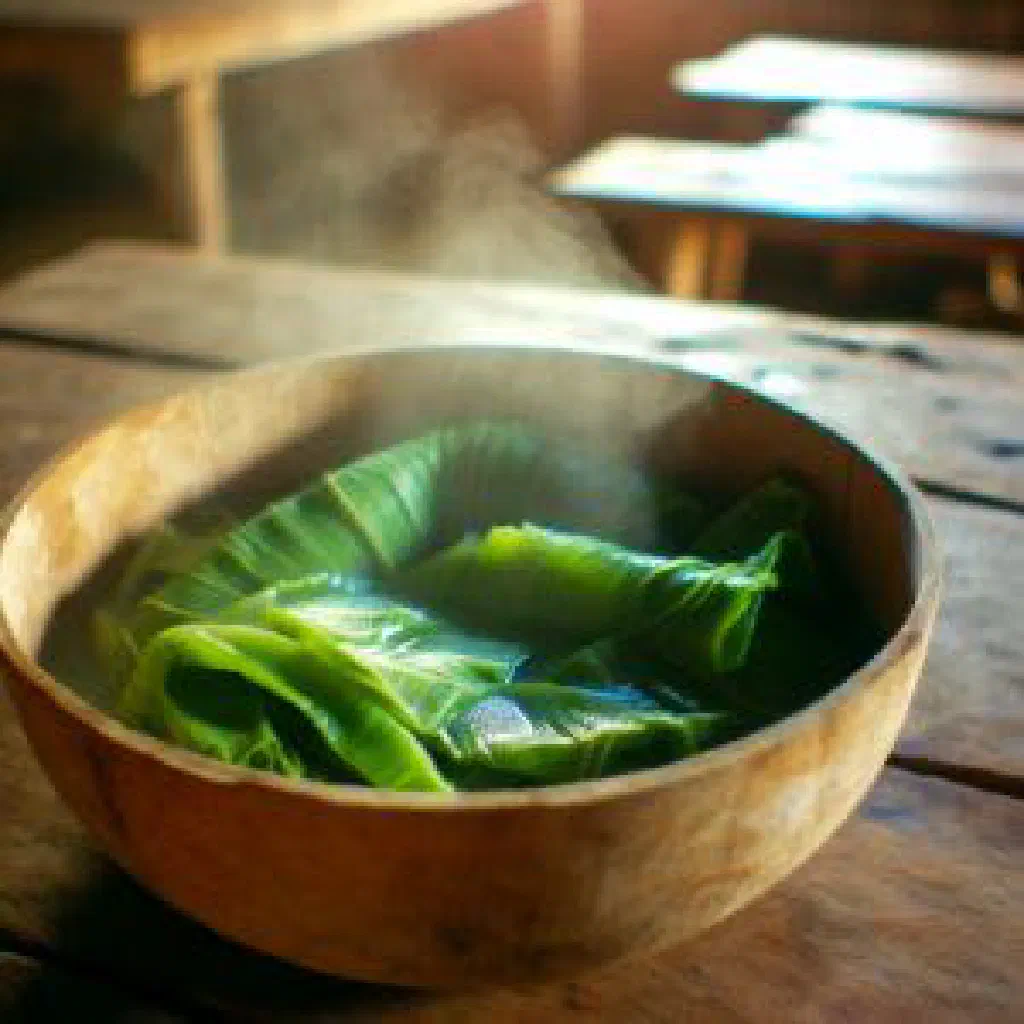 Tender boiled taro leaves simmered in creamy coconut milk