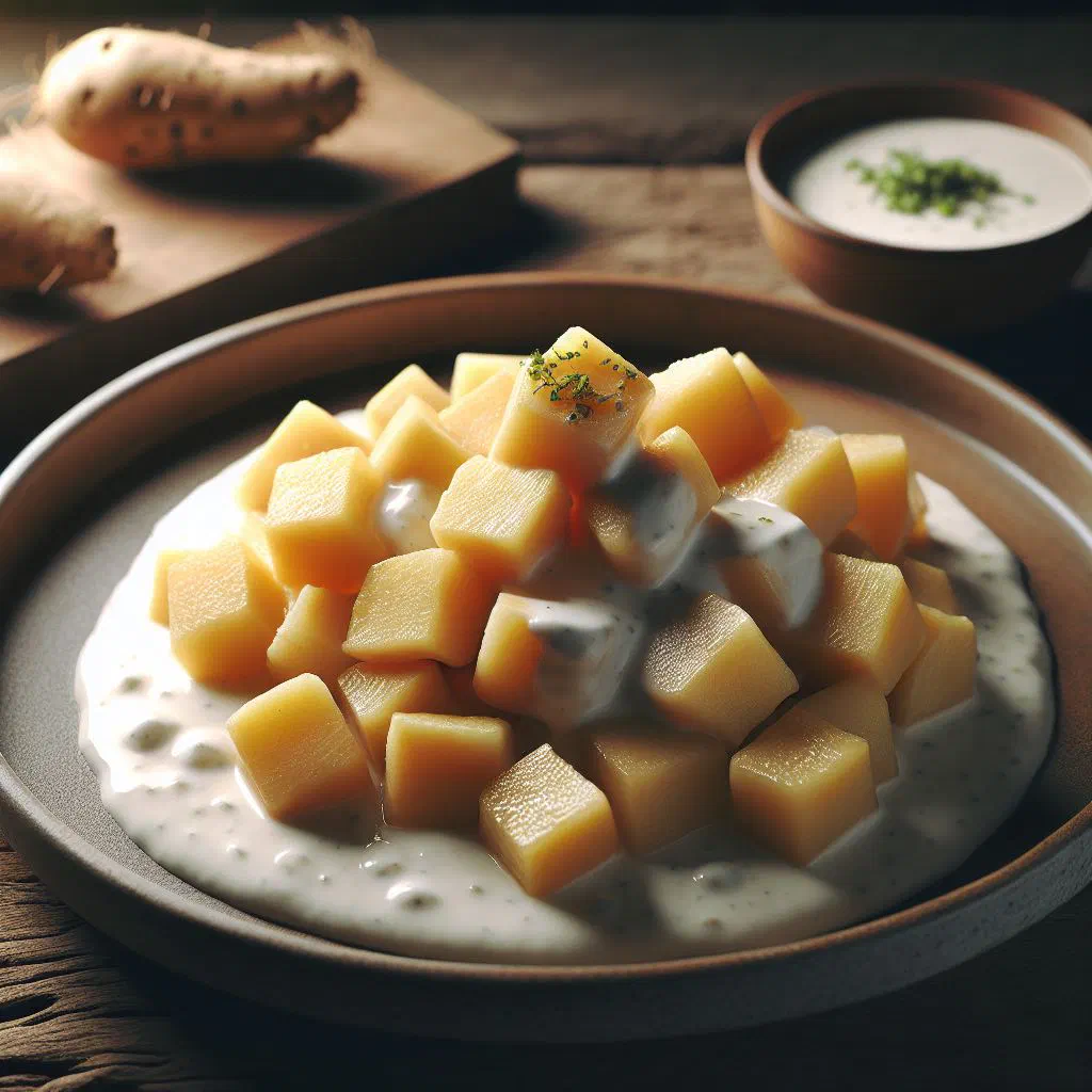 Bowl of boiled yam pieces drizzled with creamy coconut sauce