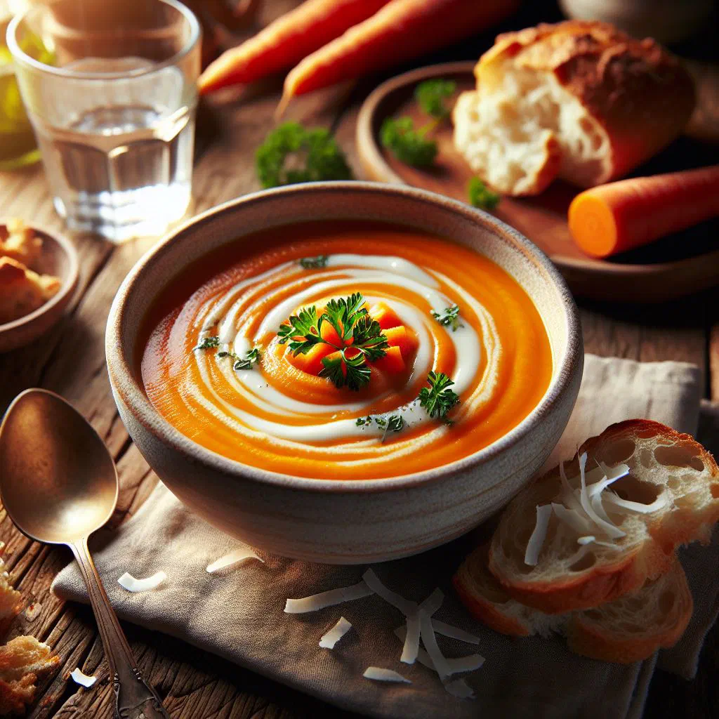 Bowl of creamy carrot and coconut soup garnished with fresh coriander