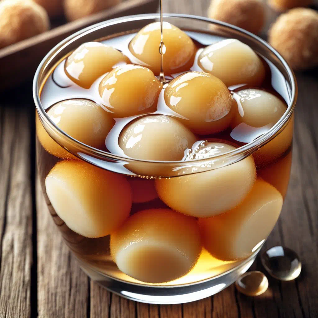 Golden cassava balls coated in glossy syrup with shredded coconut
