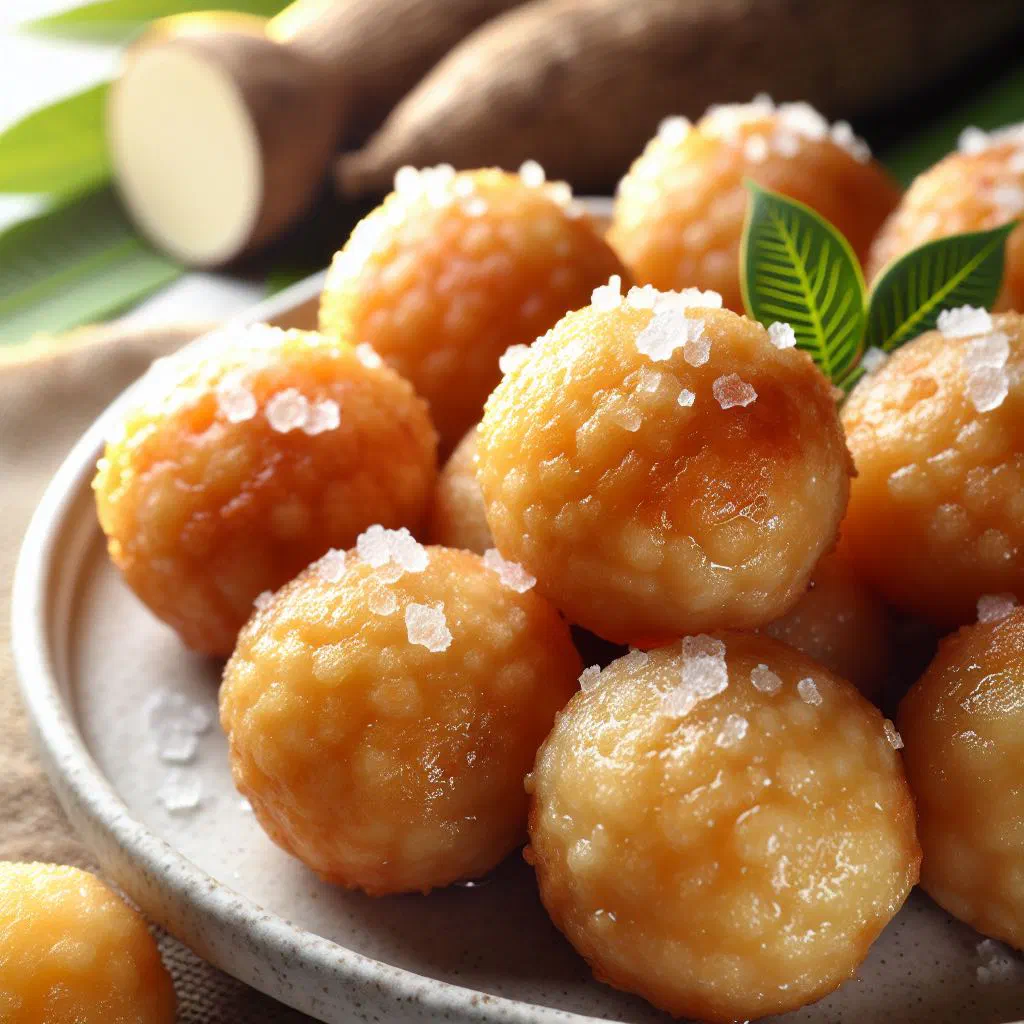 Golden deep-fried cassava balls served with a dipping sauce