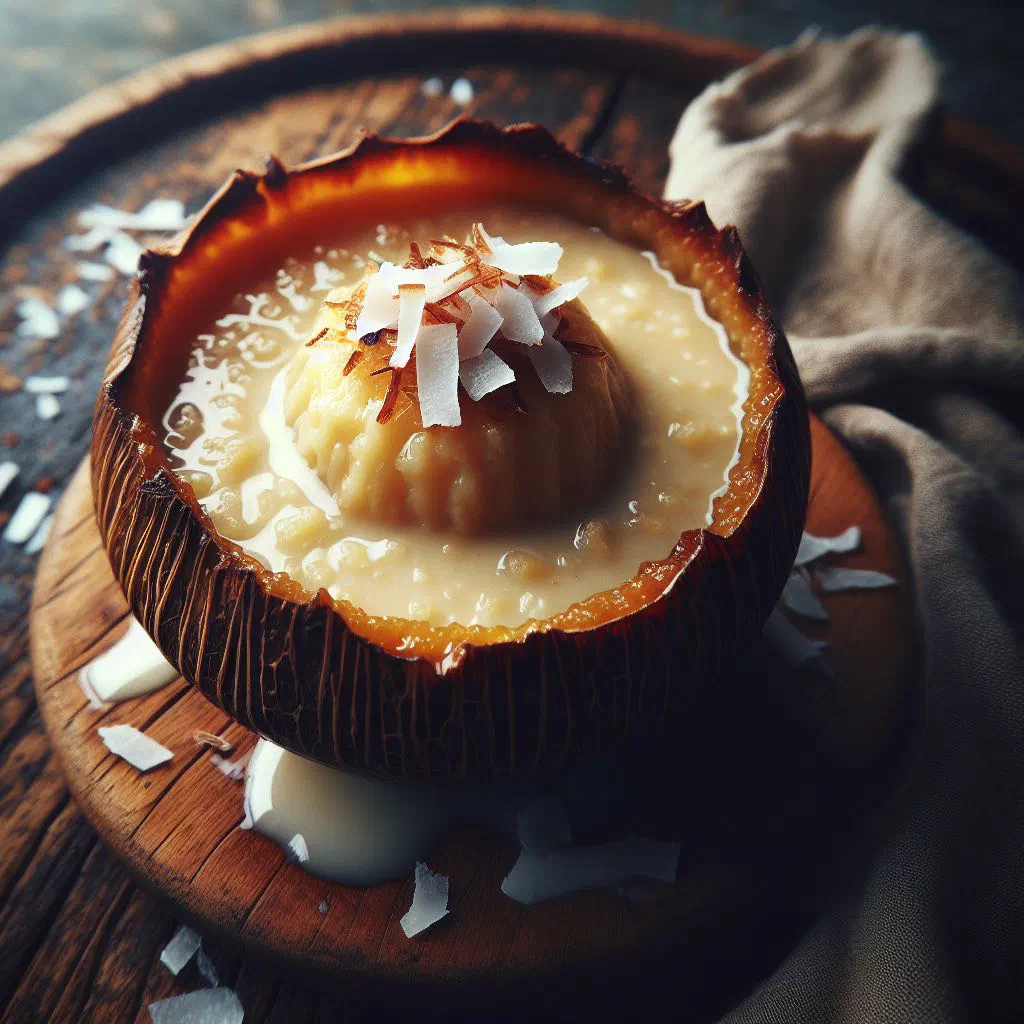 Golden baked Fijian cassava pudding topped with shredded coconut