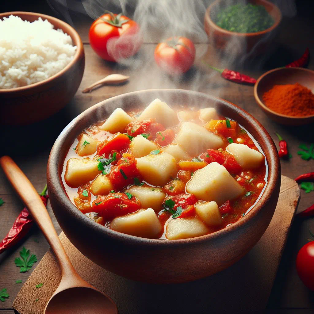 A hearty bowl of Fijian cassava stew with vegetables and fresh herbs