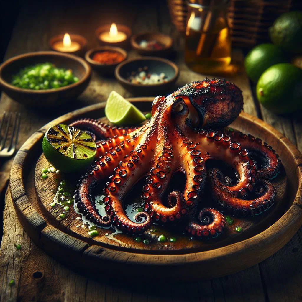 Chargrilled octopus with lime zest and fresh coriander on a plate