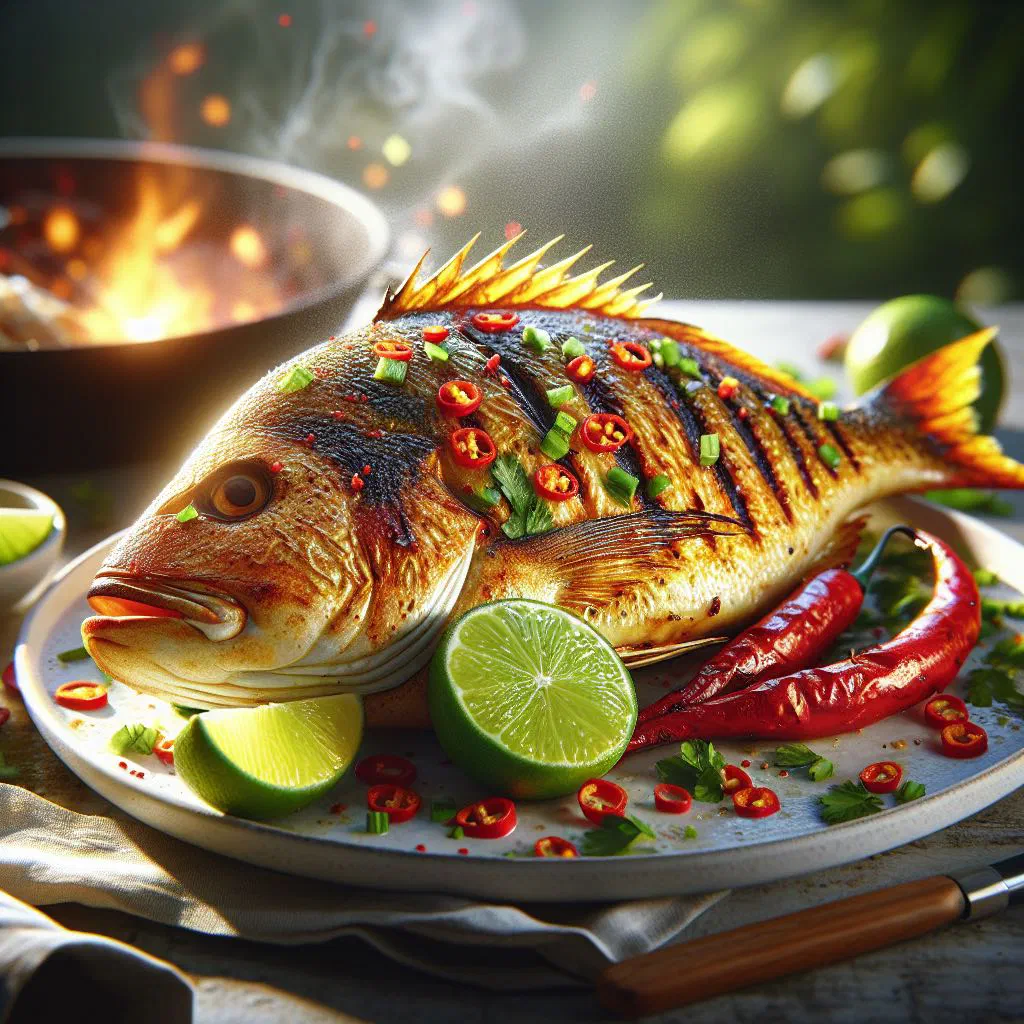 Grilled snapper fillets with chilli and lime, garnished with fresh coriander