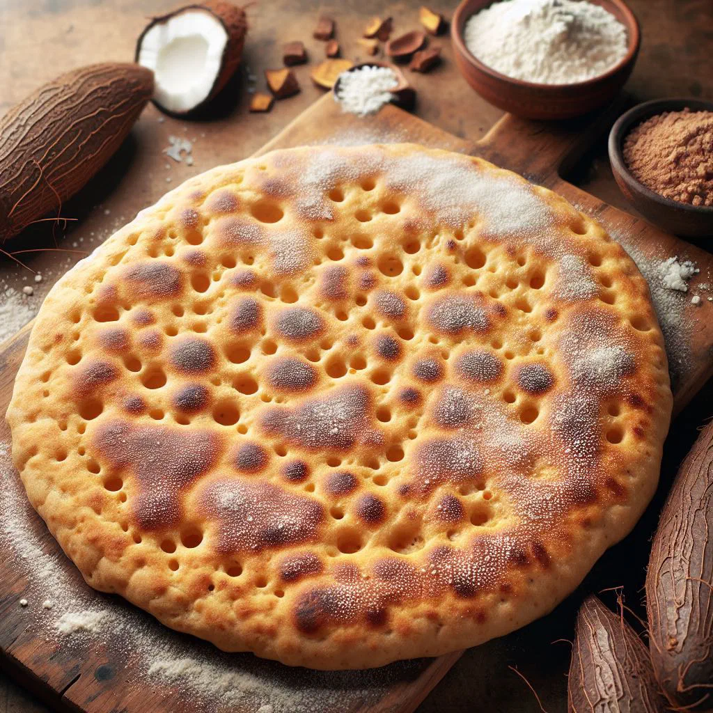 Golden coconut and cassava flatbreads stacked on a plate