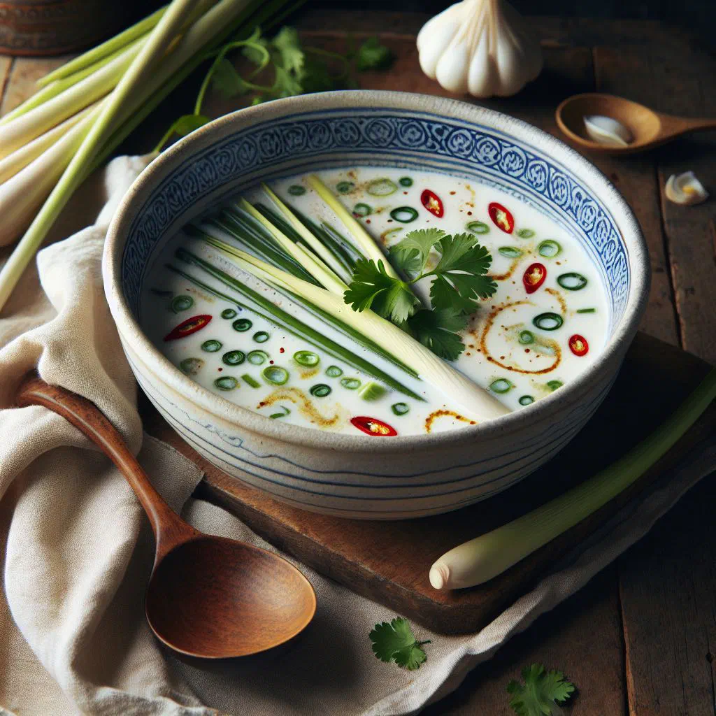 A bowl of creamy coconut and lemongrass soup garnished with fresh coriander and lime