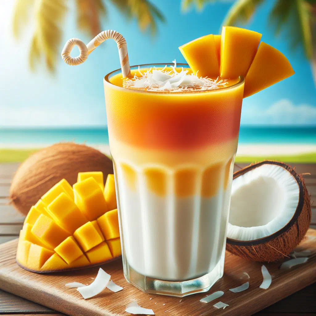 Creamy coconut and mango smoothie in a glass garnished with fresh fruit