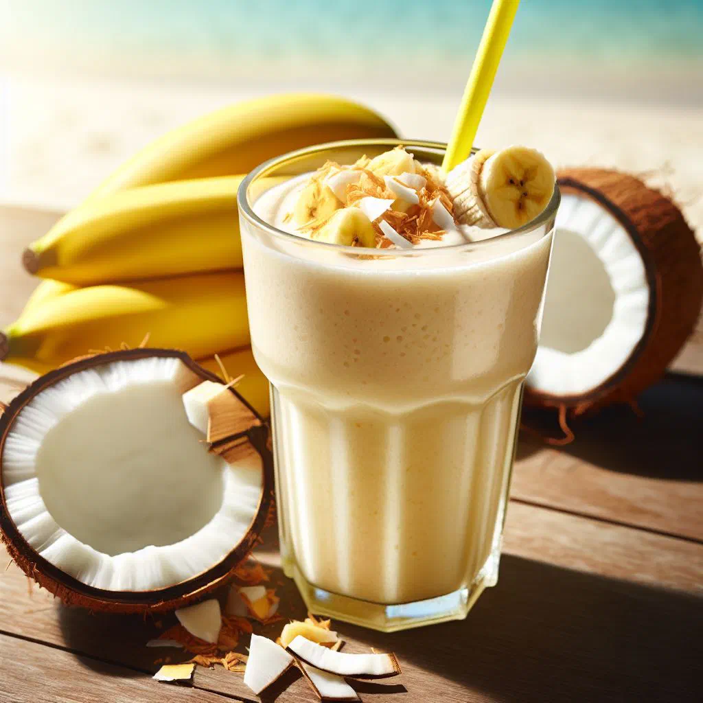 Creamy coconut banana shake served in a tall glass with banana slices