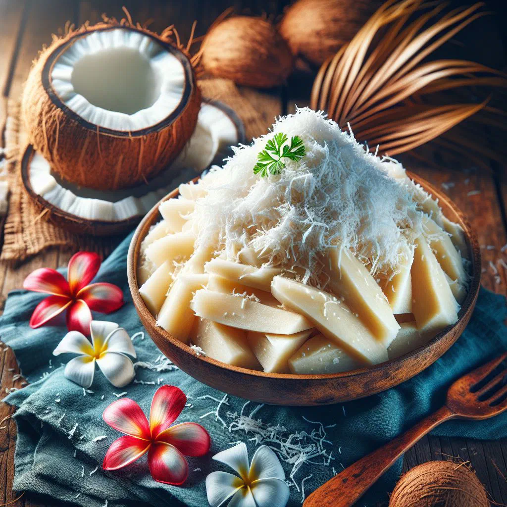 Baked coconut cassava topped with toasted coconut flakes