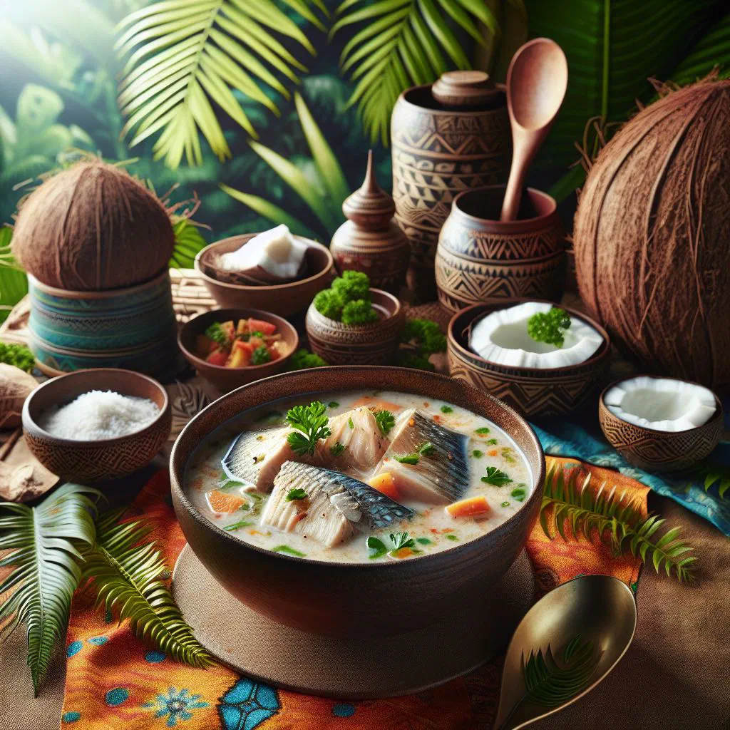 Bowl of Fijian coconut fish soup garnished with fresh coriander and lime