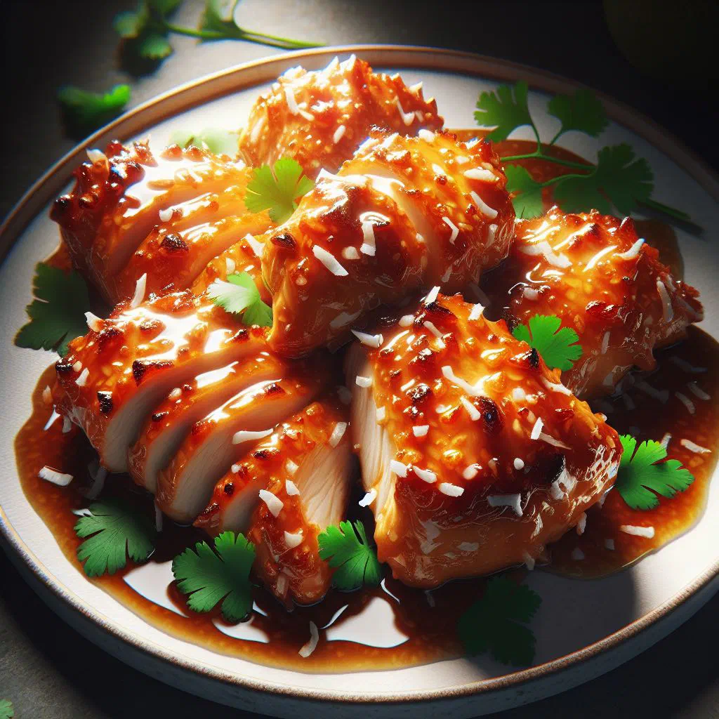 Coconut glazed chicken in a glossy sauce garnished with fresh coriander