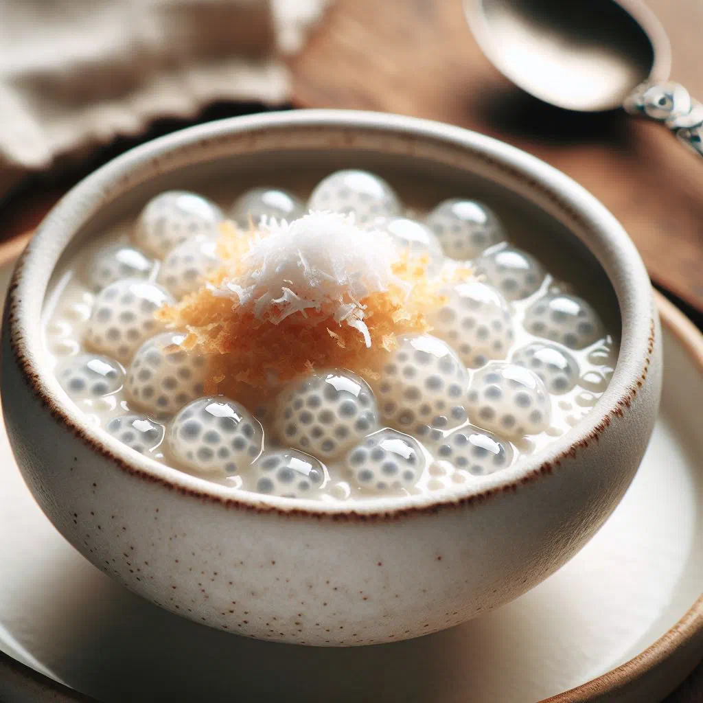 Creamy coconut tapioca pudding in a glass topped with fresh mango