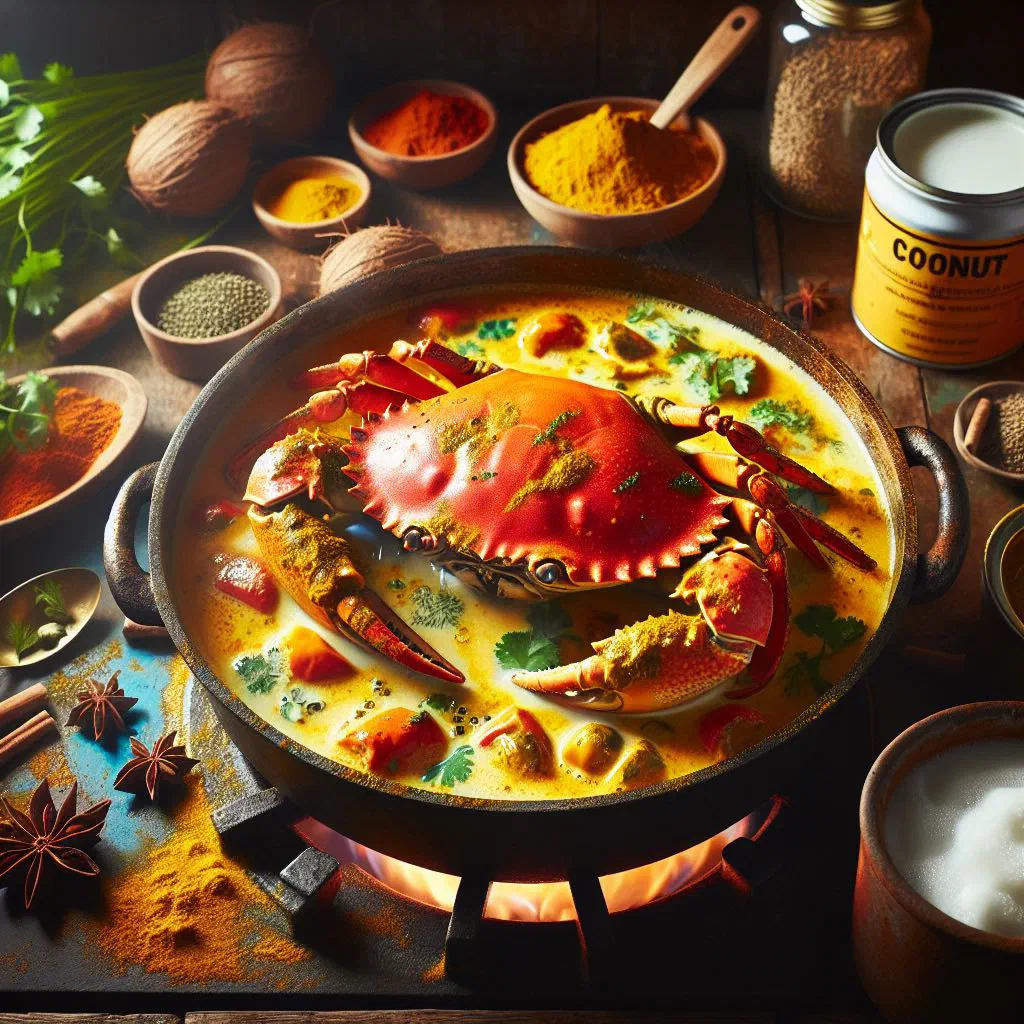Fijian curry crab simmered in creamy coconut milk, garnished with fresh coriander