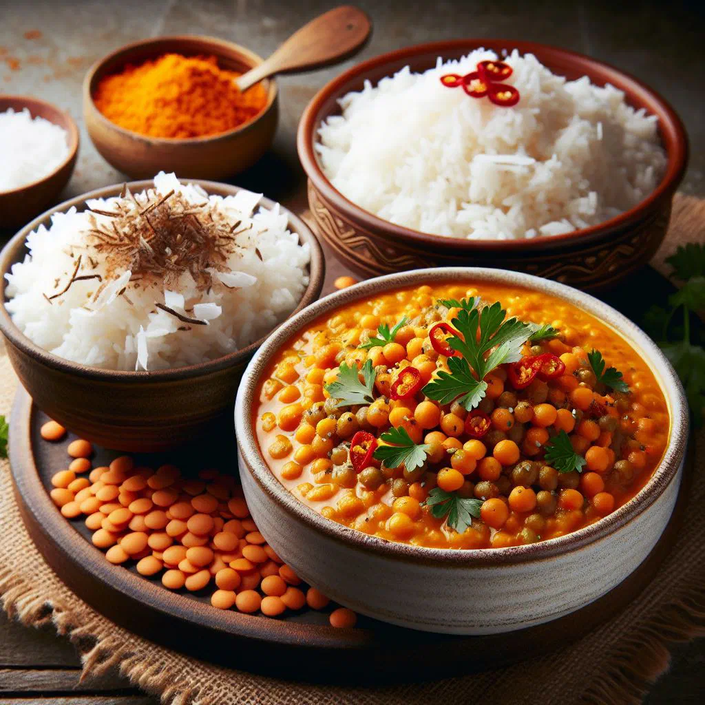A bowl of spiced curry lentils served over creamy coconut rice