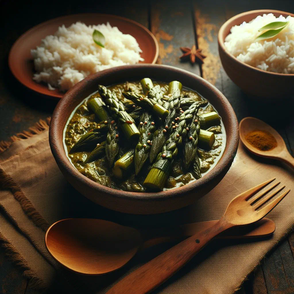Fijian duruka curry simmered in coconut milk and garnished with fresh coriander