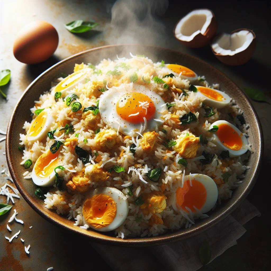 Egg and coconut fried rice with vegetables in a bowl, garnished with spring onions