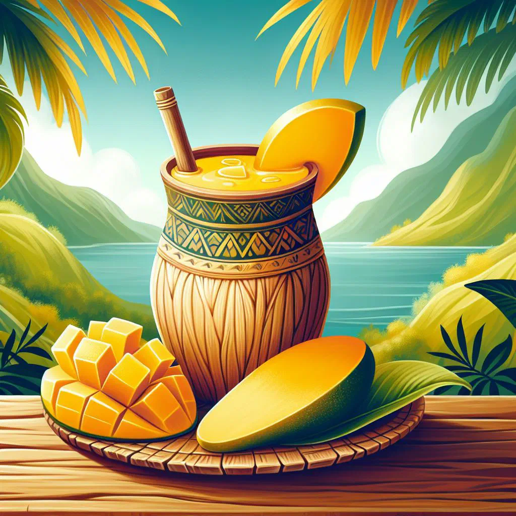 A glass of creamy Fijian mango lassi garnished with fresh mango and mint