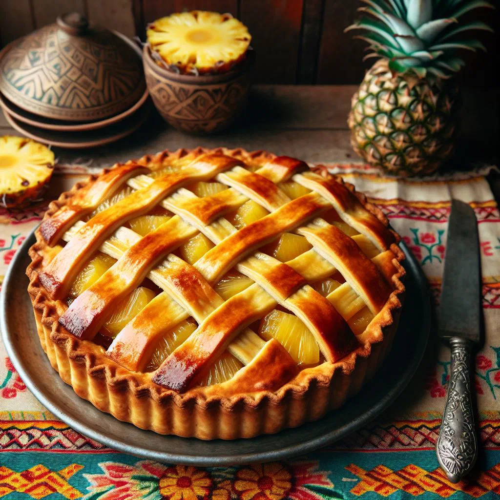 Golden Fijian pineapple pie with a buttery crust and chunks of fresh pineapple