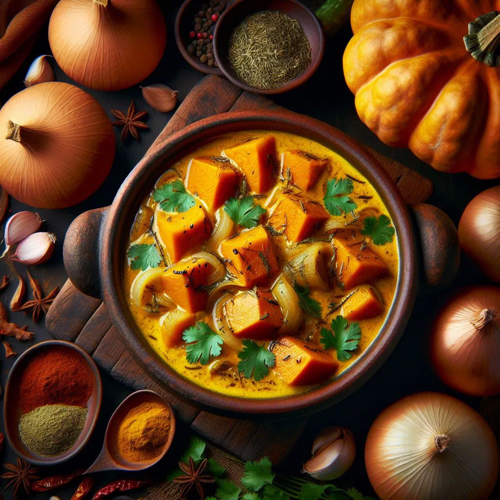 Fijian pumpkin curry in coconut milk garnished with fresh coriander