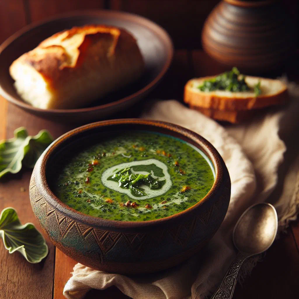 Bowl of creamy Fijian rourou soup made with taro leaves and coconut milk