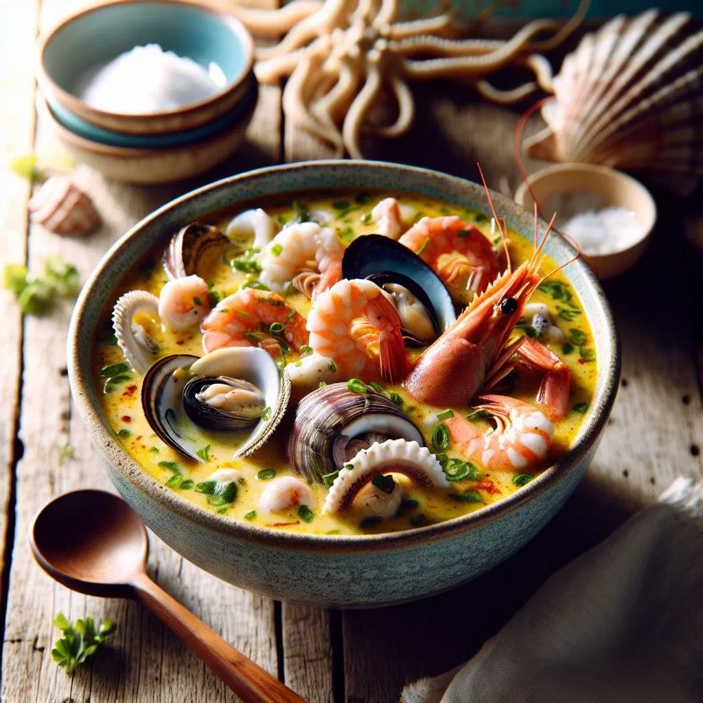 Creamy Fijian seafood chowder garnished with fresh coriander and lime