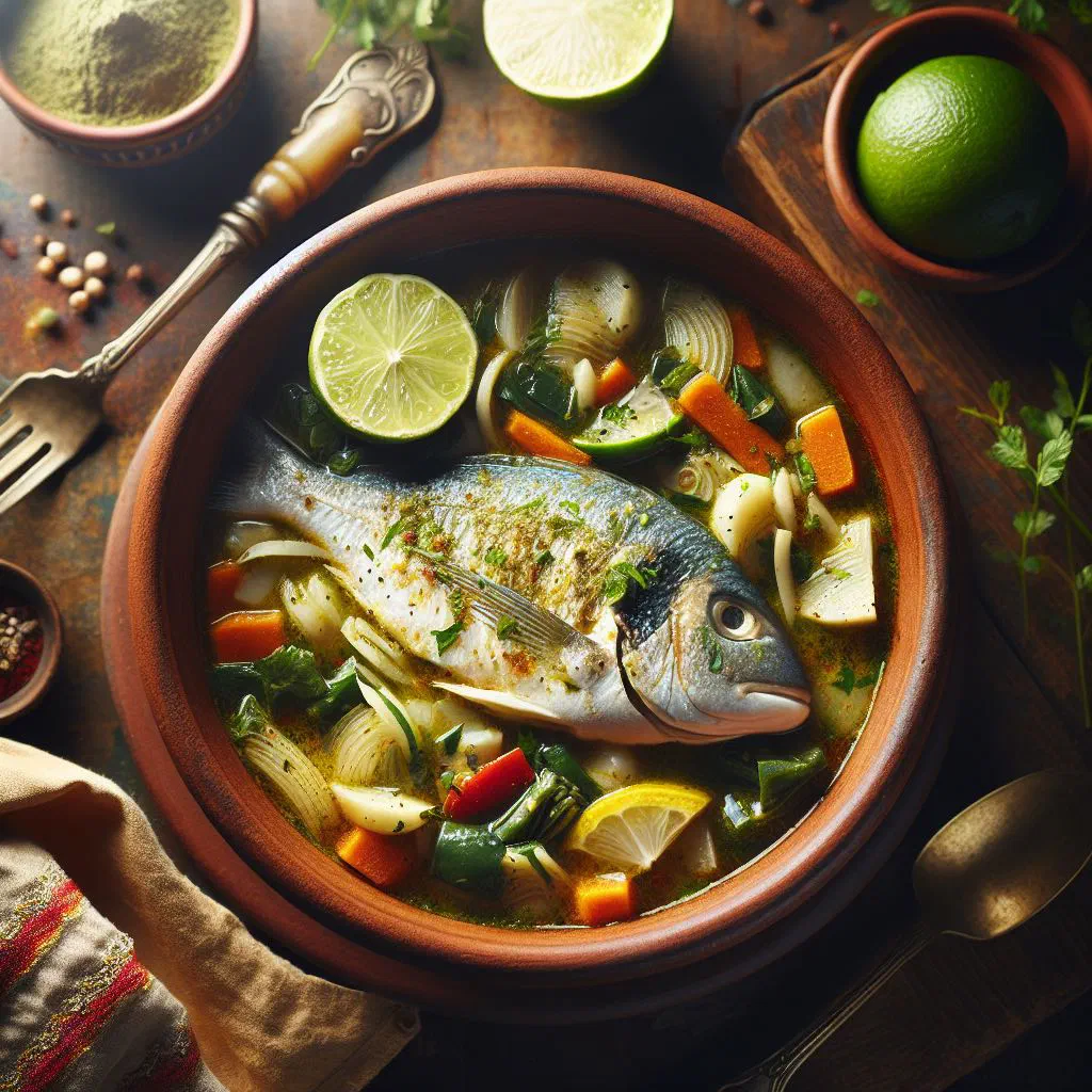 Fijian fish stew with lime in a coconut broth, garnished with fresh herbs and lime wedges