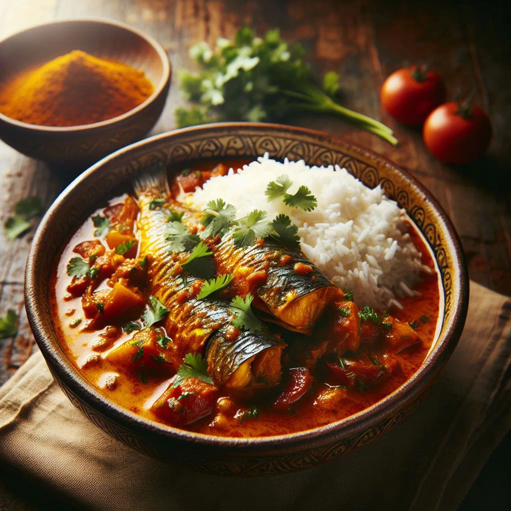 Fish suruwa in a creamy coconut sauce garnished with fresh coriander