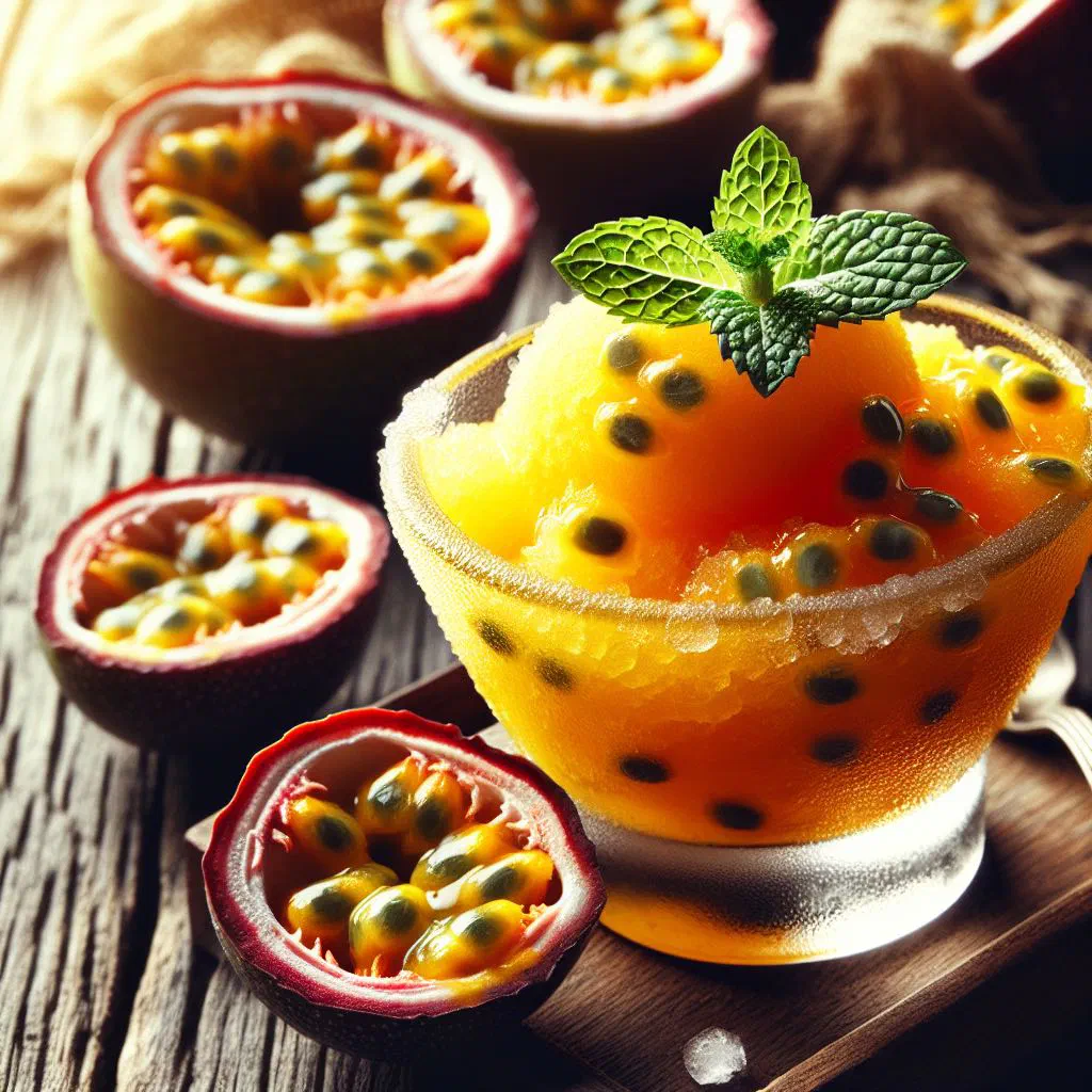 A scoop of fresh passion fruit sorbet garnished with mint and passion fruit seeds