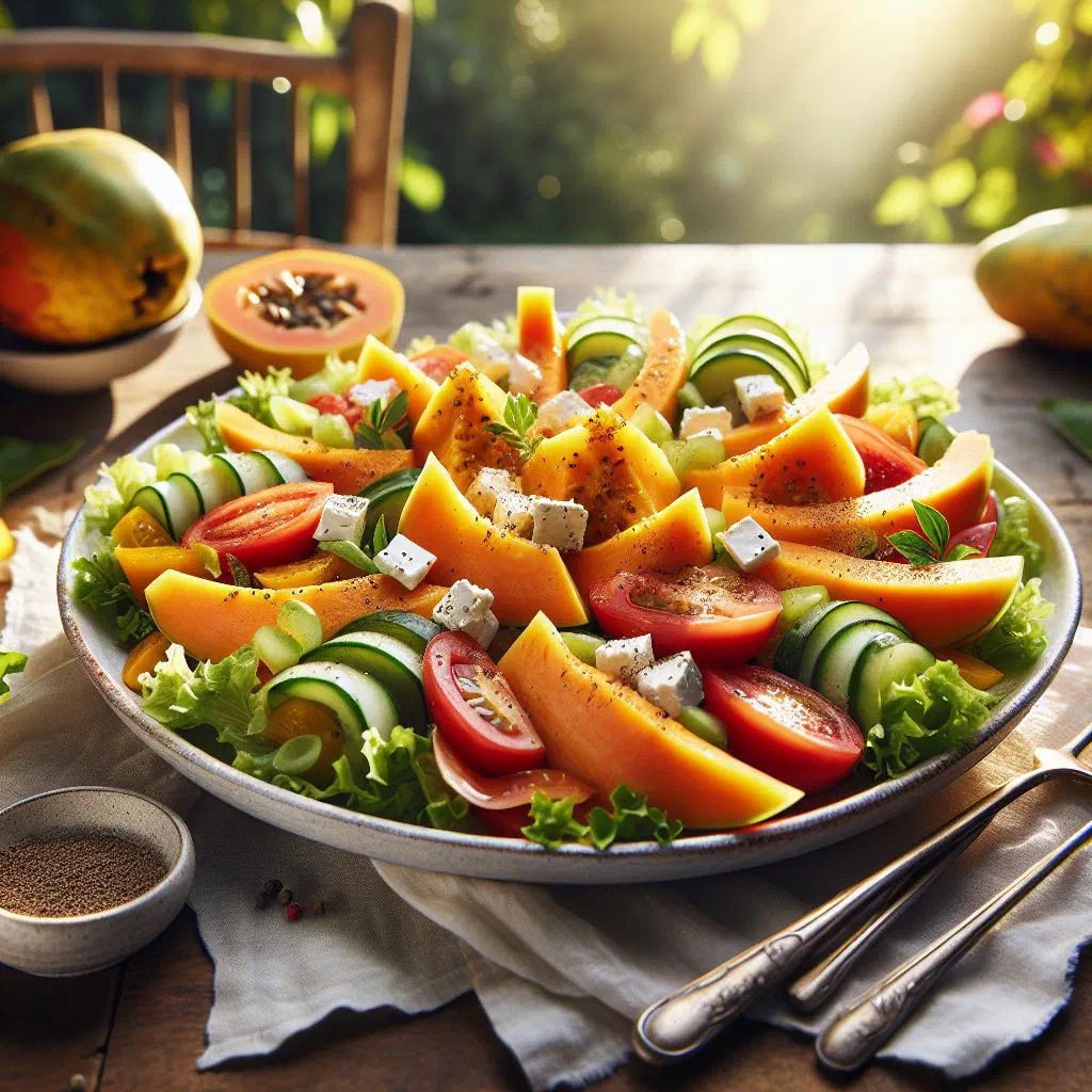 Fresh pawpaw salad with papaya, cucumber and carrot garnished with coriander
