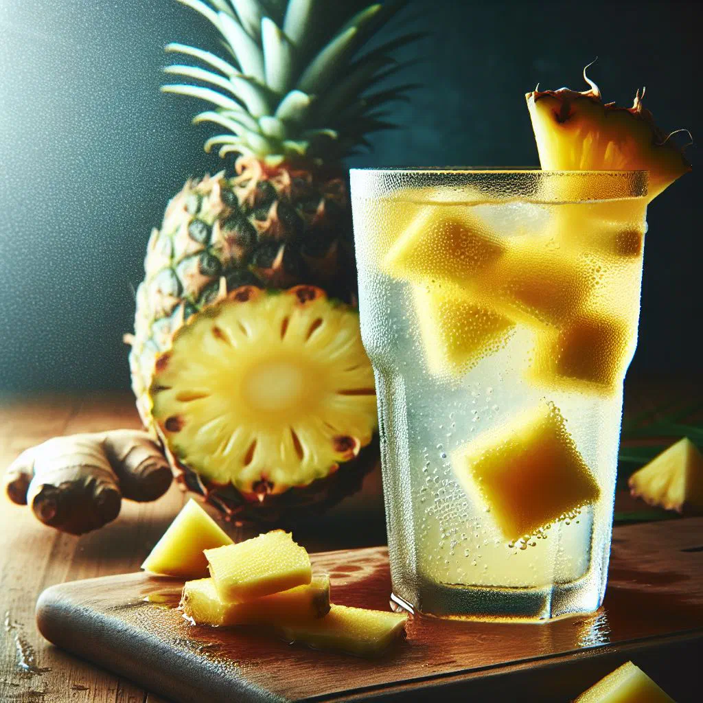 Glasses of fresh pineapple and ginger punch garnished with mint