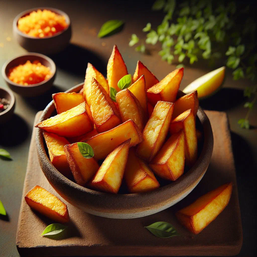 Golden, crispy fried cassava wedges served with a dipping sauce