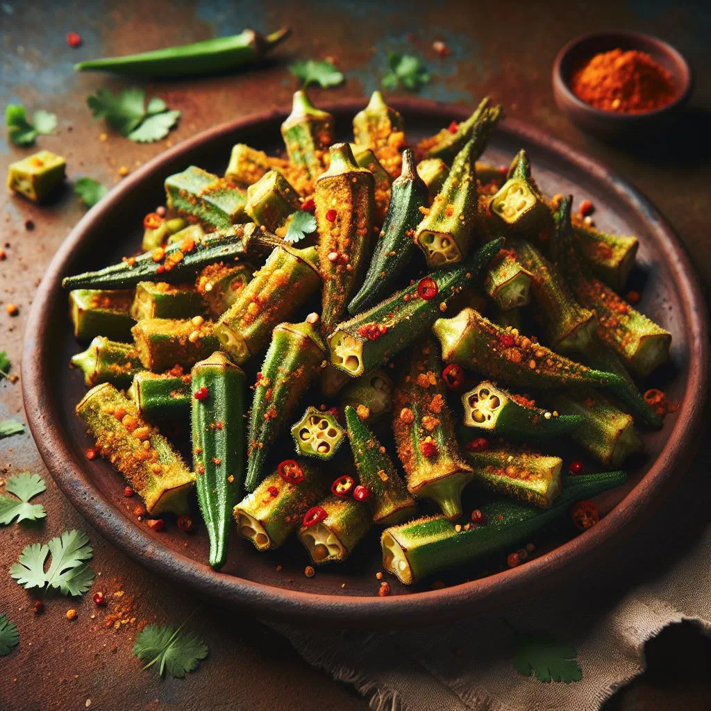 Fried okra tossed with golden spices and a wedge of lime