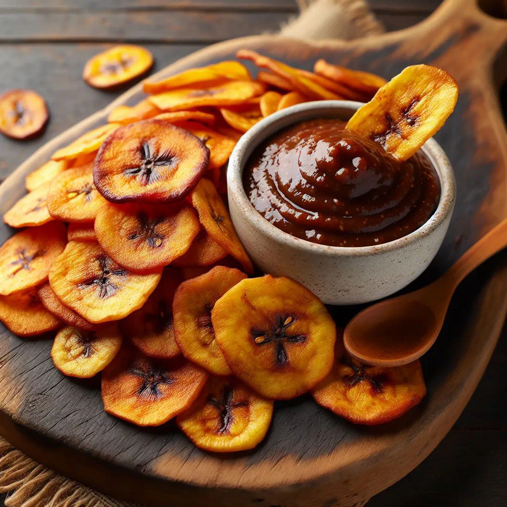 Crispy golden fried plantain chips served with a bowl of tamarind dip