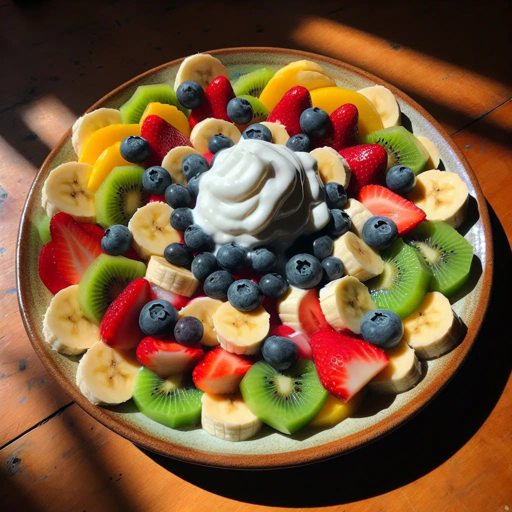 Bowl of tropical fruit salad drizzled with coconut cream and fresh mint