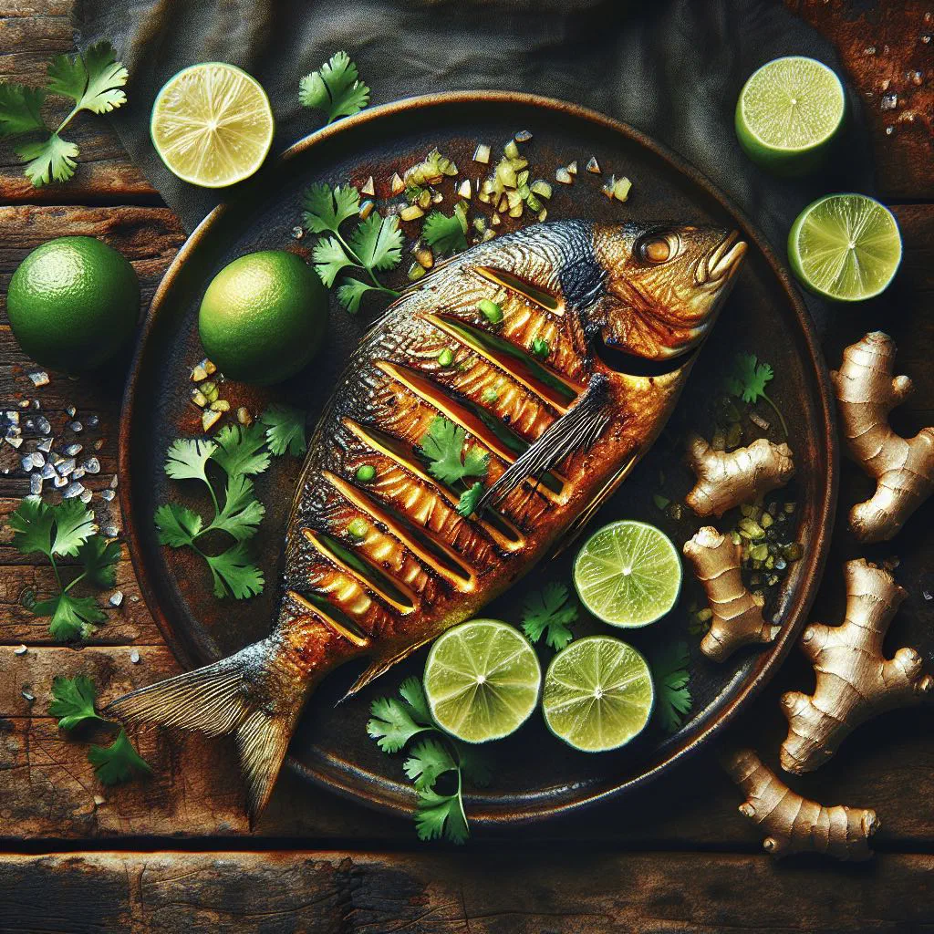 Grilled fish fillet glazed with ginger and lime, garnished with fresh herbs and lime wedges