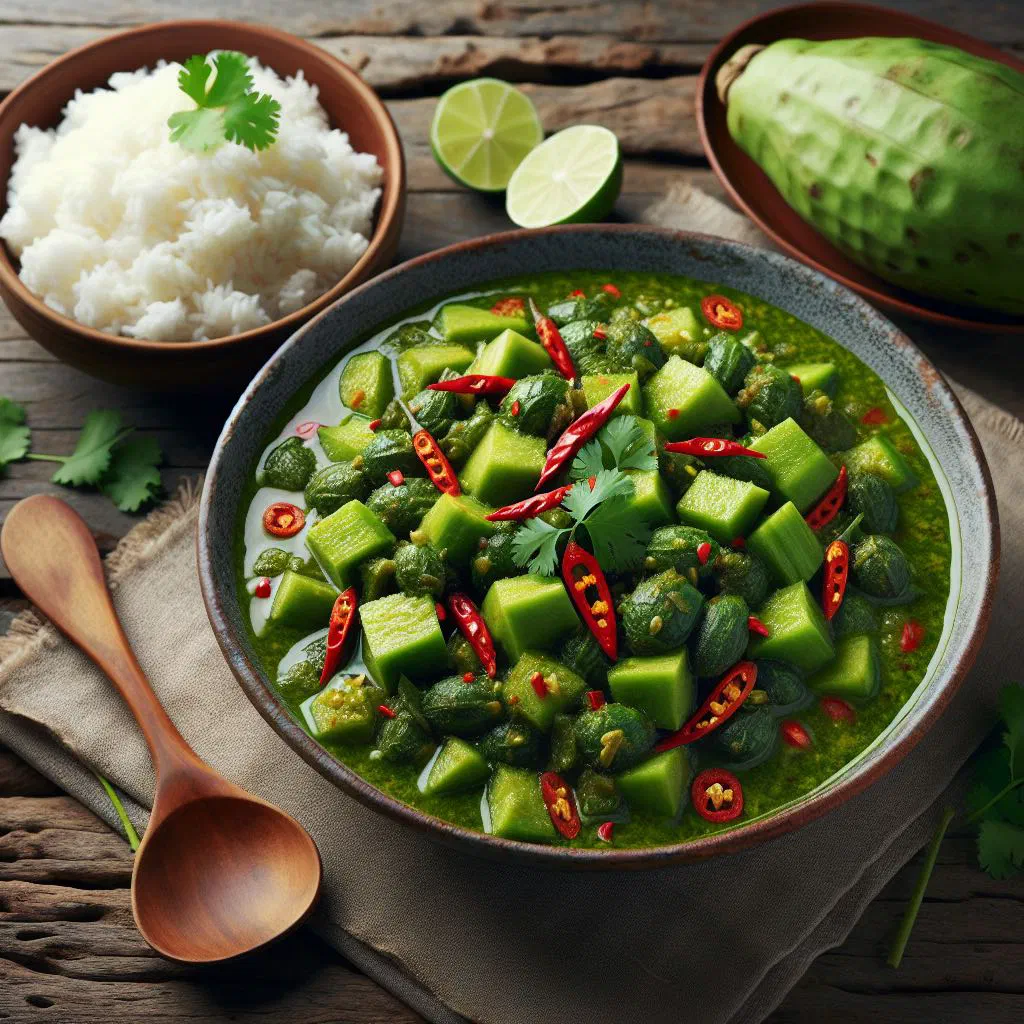 Creamy green pawpaw curry in coconut milk garnished with fresh coriander