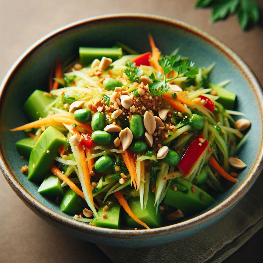 Green pawpaw salad with shredded papaya, carrot and fresh herbs
