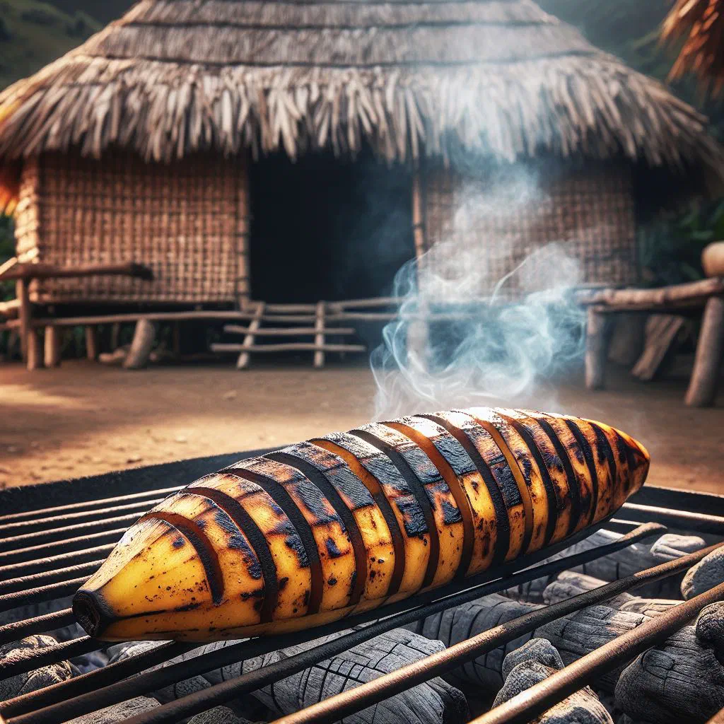 Caramelised grilled banana halves drizzled with honey and dusted with cinnamon