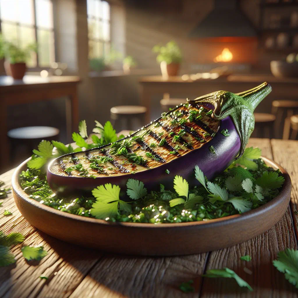 Slices of grilled eggplant scattered with fresh herbs and a squeeze of lemon