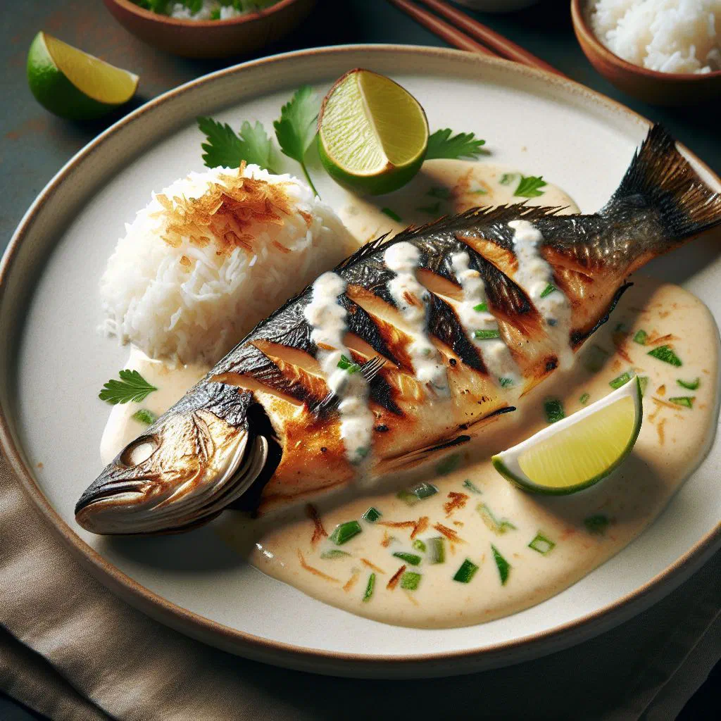 Grilled fish fillets topped with creamy coconut sauce and fresh coriander