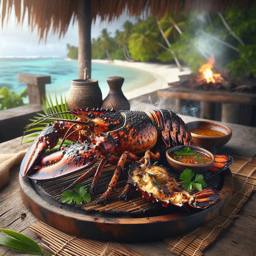 Fijian grilled lobster halves garnished with fresh herbs and lime