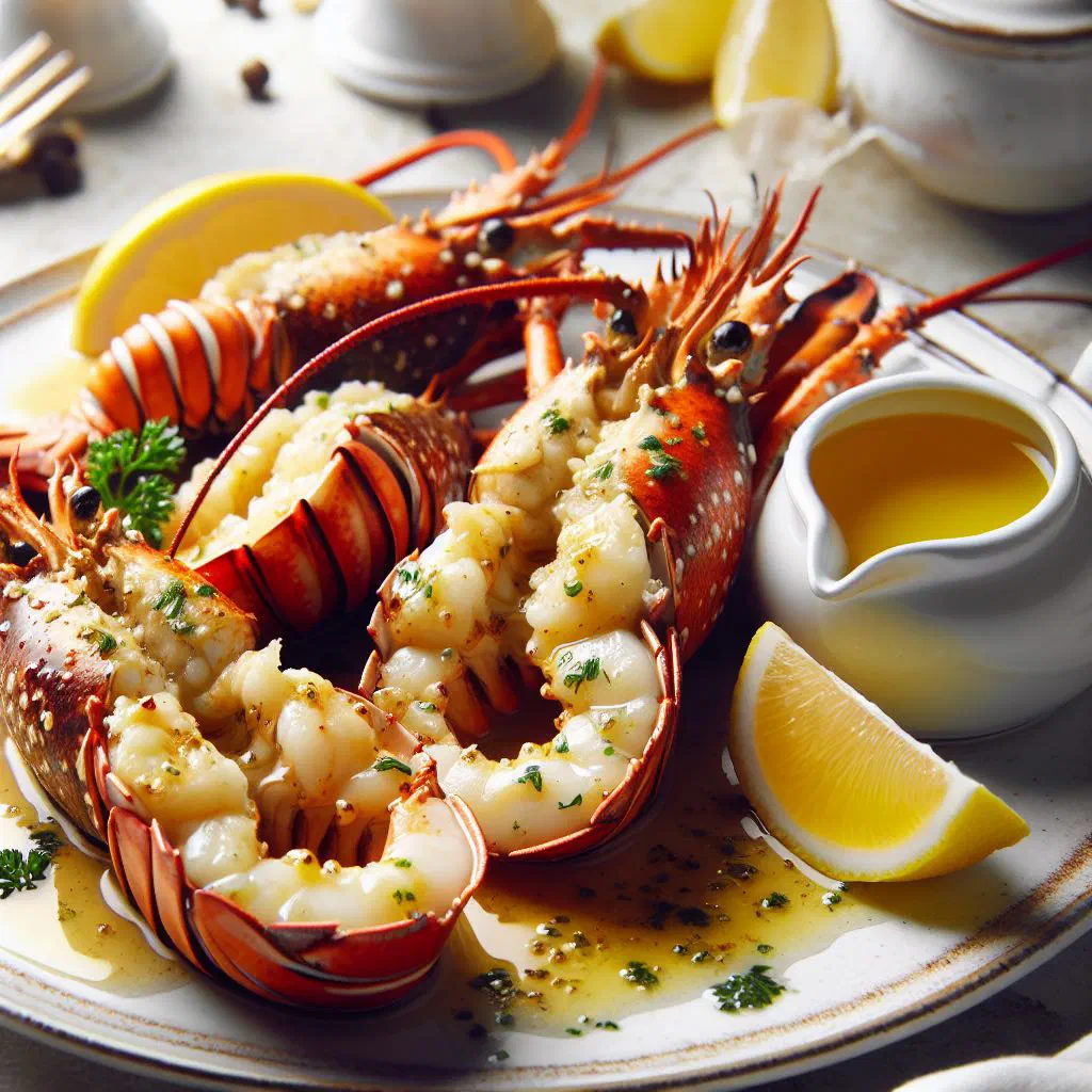 Grilled lobster tails garnished with fresh herbs and lime