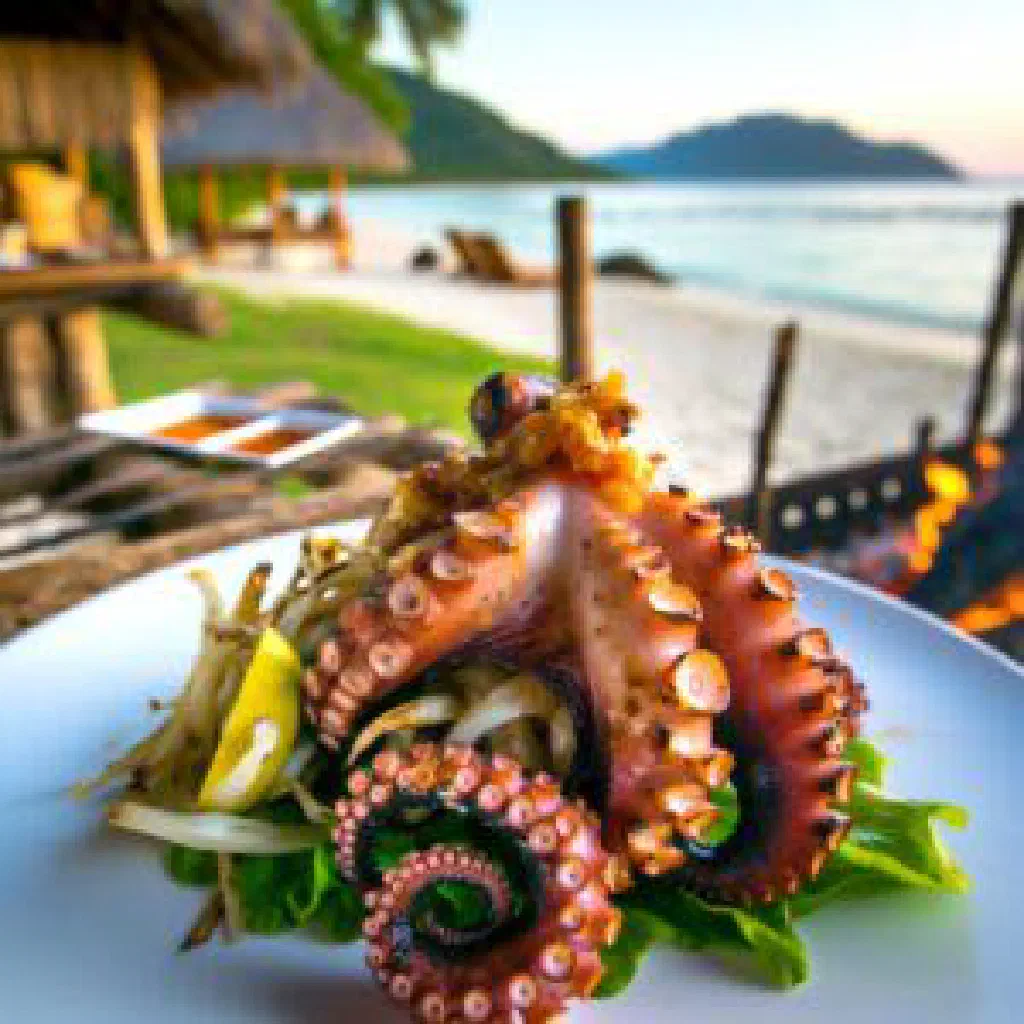 Grilled octopus on a platter with lime and fresh herbs