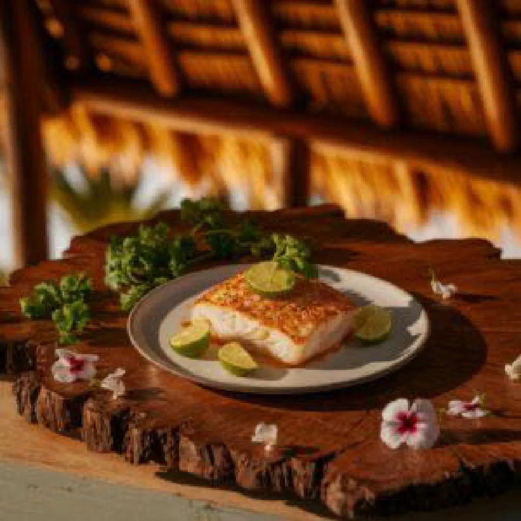 Grilled reef fish fillet with lime wedges and fresh herbs