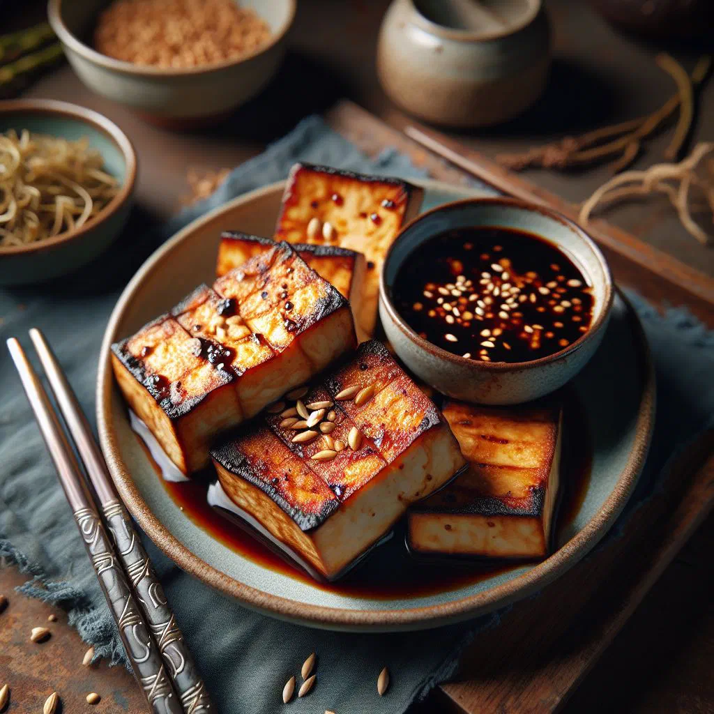 Golden grilled tofu cubes glazed with tamarind sauce and fresh herbs